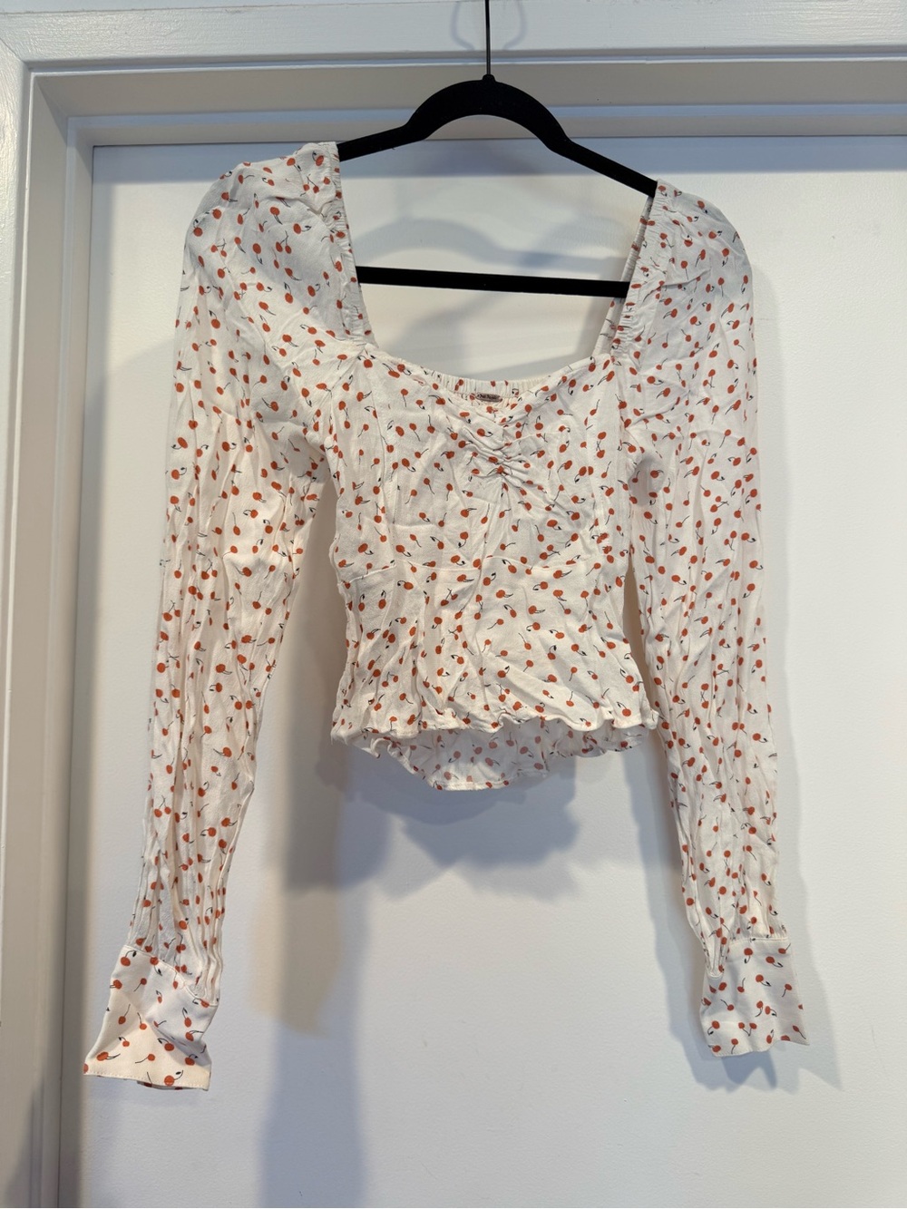 Free People White Cherry-Print Square Neck Long Sleeve Blouse